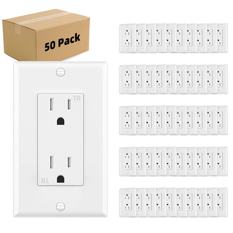 micmi Outlet Socket, Decorator Receptacle, 15 Amp, 125 Volt, Tamper Resistant, TR Grounding with Wall Plates UL Listed White 50pack (15A) - Image 1
